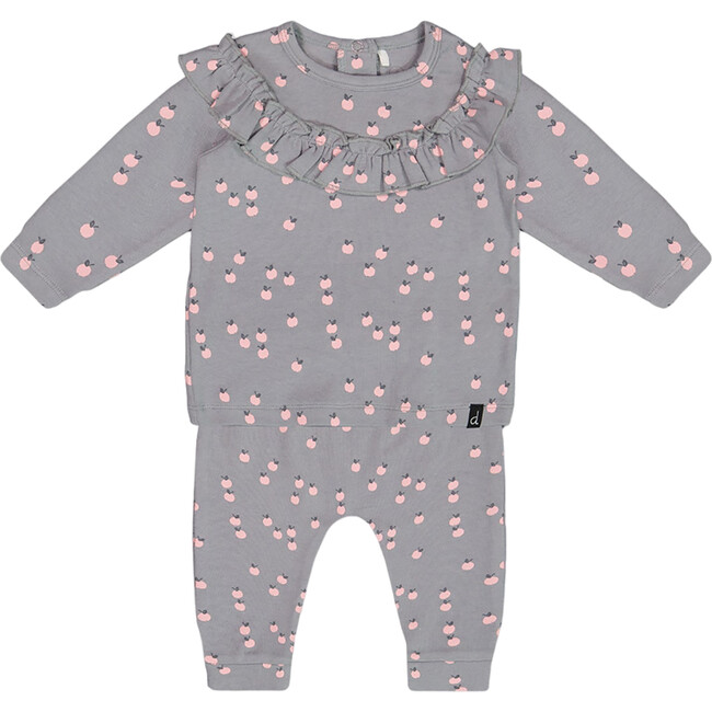 Apples Print Organic Cotton Long Sleeve Top & Pants Set, Gray