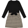 Bi-Material Dress With Bow, Plaid Black & Beige - Dresses - 1 - thumbnail