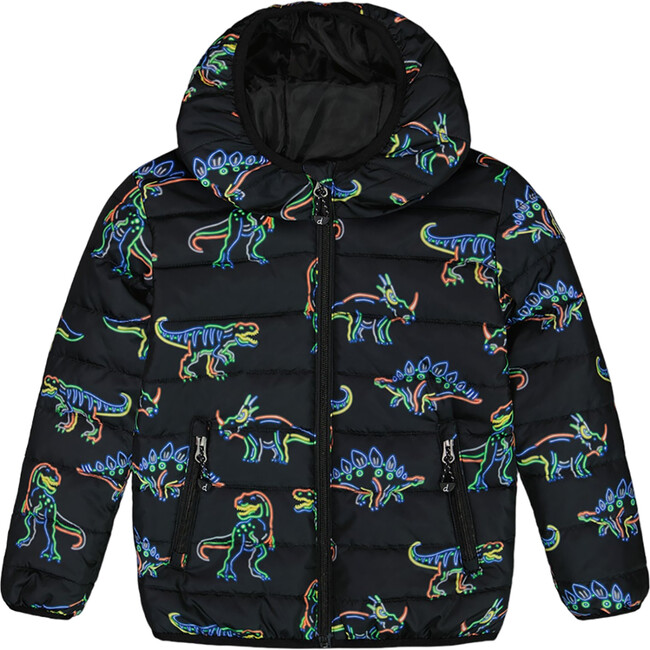 All-Over Neon Dino Print Quilted Jacket, Black - Puffers & Down Jackets - 1