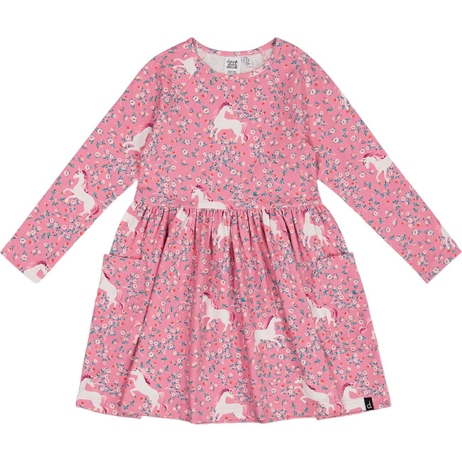 All-Over Floral & Unicorn Print Long Sleeve Pocket Dress, Pink