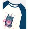 Cat Print Contrast Raglan Sleeve Baseball Top, Blue - T-Shirts - 4