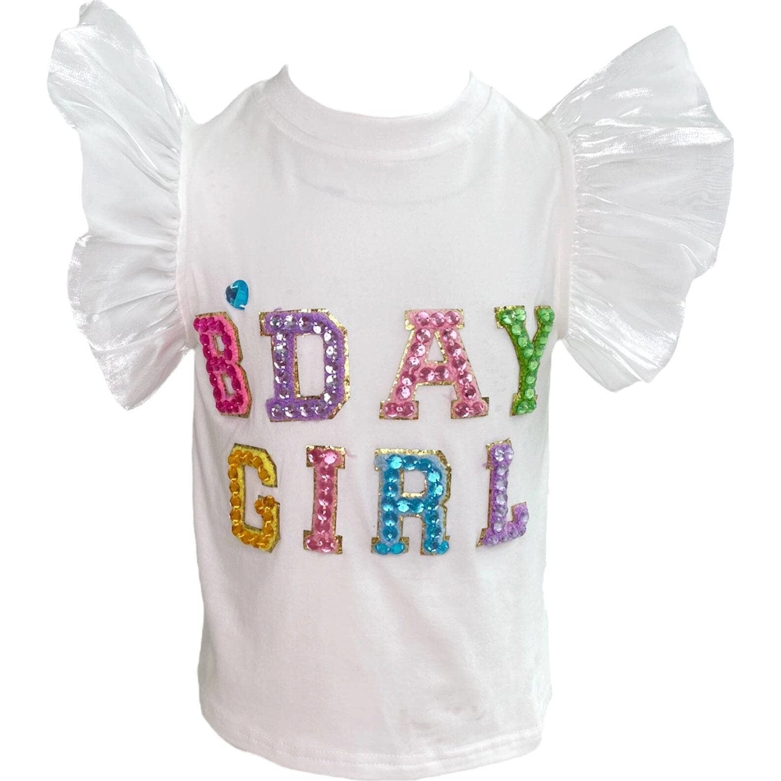 Birthday Girl Gem Ruffle Sleeve Shirt, White - T-Shirts - 1