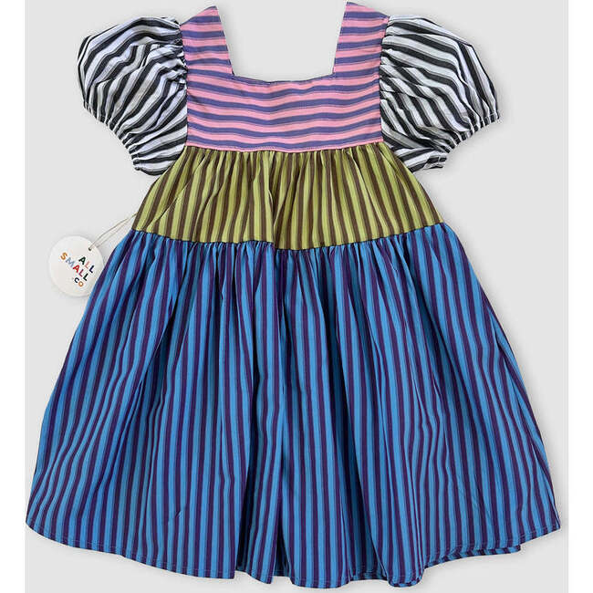 Pencil Striped Puff Sleeve Tiered Dress, Multicolors