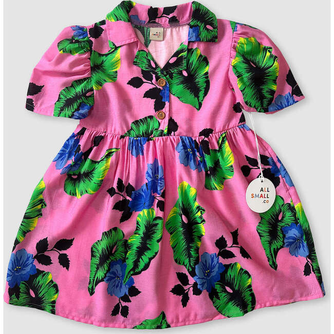 Tropical Floral Print Short Sleeve Shirt Dress, Pink