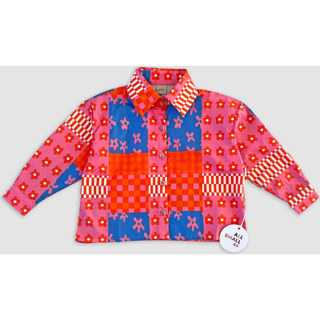 Pattern Patch Long Sleeve Button-Up Shirt, Pink & Blue