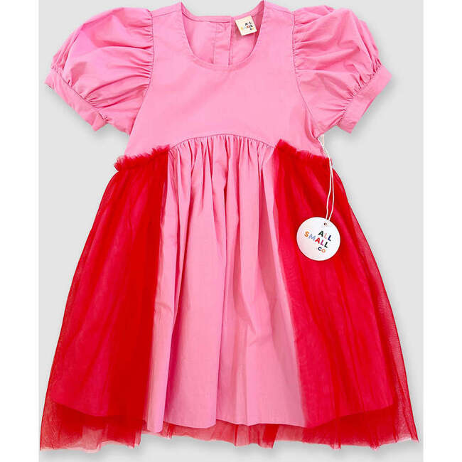 Off Duty Princess Puff Sleeve Frill Dress, Pink & Red
