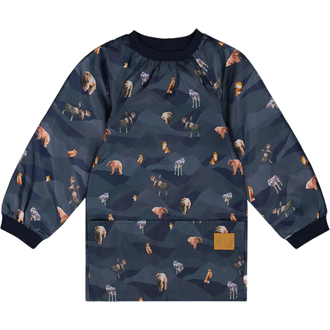 Moutains Animals Print Long Sleeve School Apron, Navy