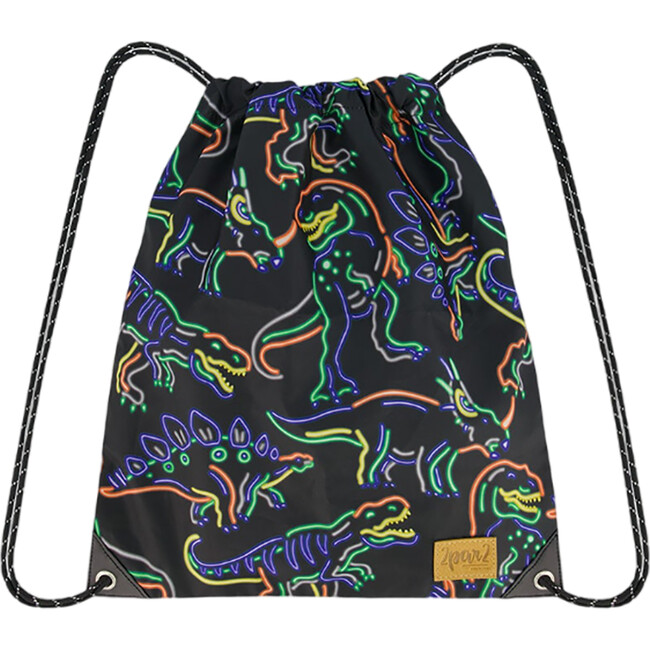 Boys Neon Dino Print Cinched Top Drawstring Bag, Black