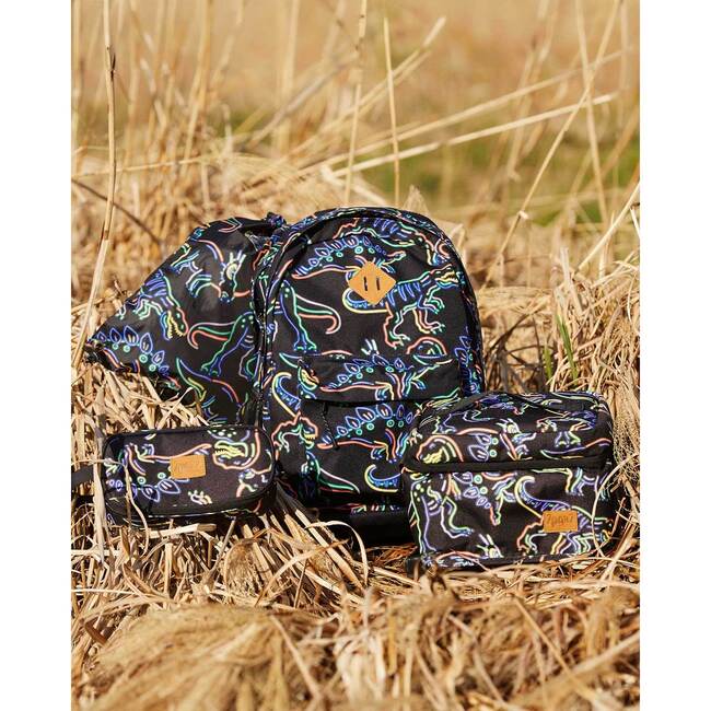 Boys Neon Dino Print Cinched Top Drawstring Bag, Black - Bags - 2