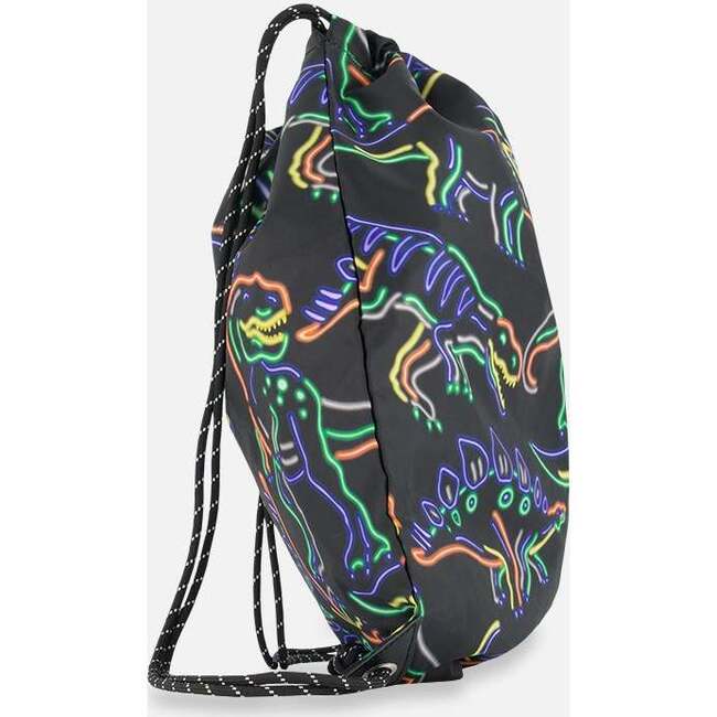 Boys Neon Dino Print Cinched Top Drawstring Bag, Black - Bags - 3