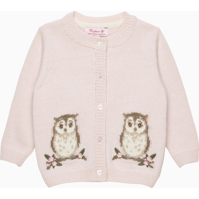 Little Olivia Owl Intarsia Ribbed Edge Cardigan, Pale Pink