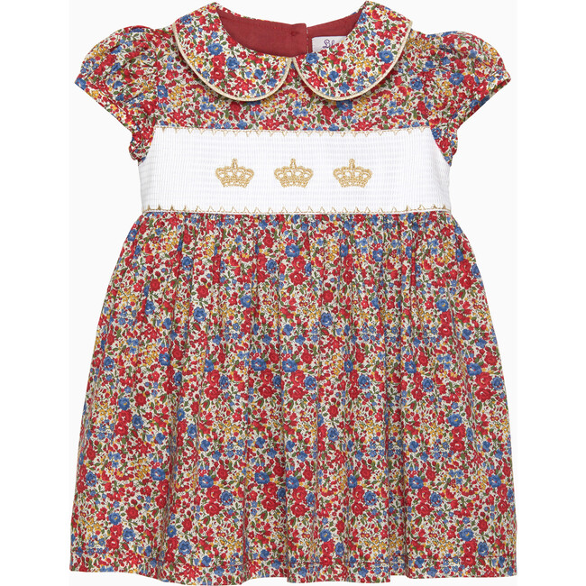 Little Liberty Emma Print Peter Pan Collar Smocked Crown Dress, Emma & Georgina