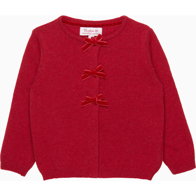 Little Velvet Bow Closure Cardigan, Crimson