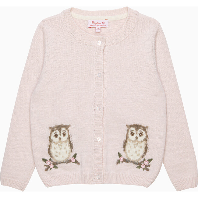 Olivia Owl Intarsia Ribbed Edge Cardigan, Pale Pink