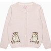 Olivia Owl Intarsia Ribbed Edge Cardigan, Pale Pink - Cardigans - 1 - thumbnail