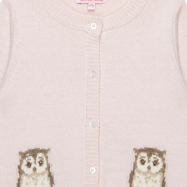 Olivia Owl Intarsia Ribbed Edge Cardigan, Pale Pink - Cardigans - 3