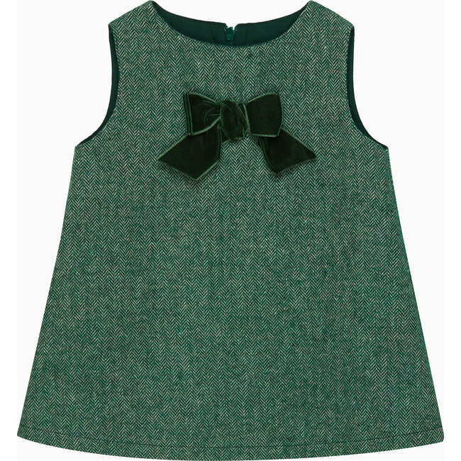 Little Georgina Bow Pinafore Dress, Green Herringbone