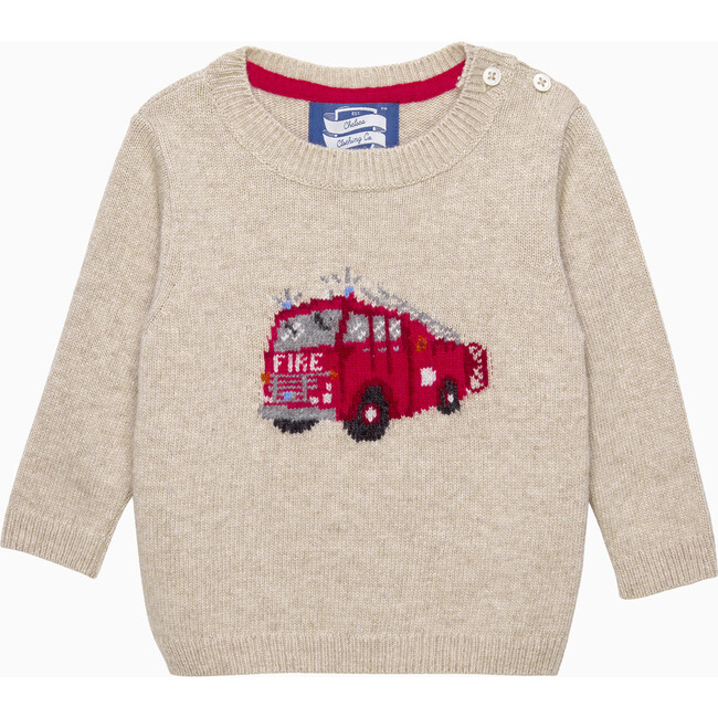 Little Fire Engine Intarsia Jumper Sweater, Oatmeal