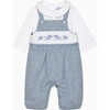 Little Elephant Embroidered Smocked Dungaree, Pale Blue Herringbone - Rompers - 1 - thumbnail