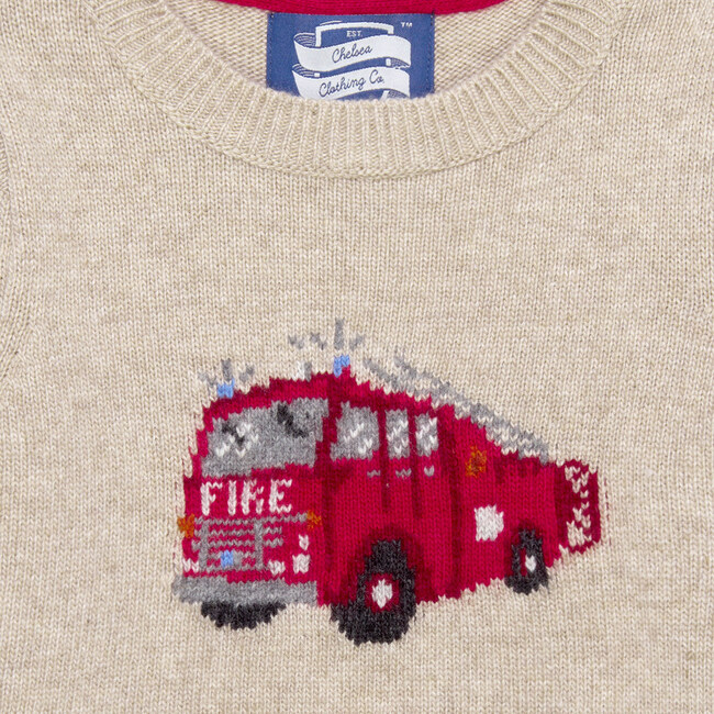 Little Fire Engine Intarsia Jumper Sweater, Oatmeal - Sweaters - 3