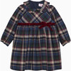 Little Bonnie Tartan Print Velvet Bow Long Sleeve Dress, Blue - Dresses - 1 - thumbnail