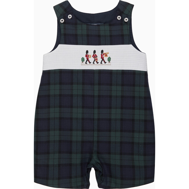 Little Archie Marching Band Tartan Smocked Button Down Romper, Navy - Rompers - 1