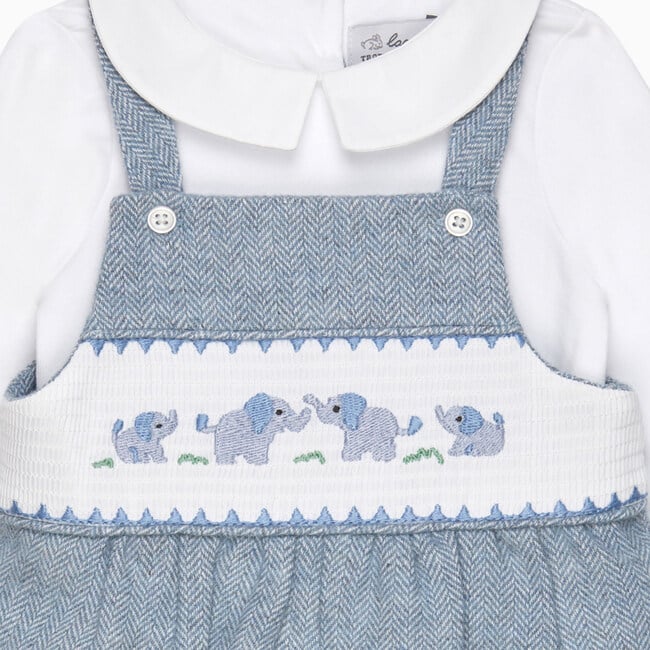 Little Elephant Embroidered Smocked Dungaree, Pale Blue Herringbone - Rompers - 3