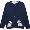 Bunny Intarsia Velvet Bow Button Down Cardigan, Navy - Cardigans - 1 - thumbnail