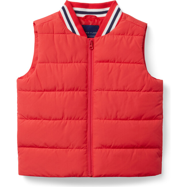 The Varsity Striped Collar Zip Front Puffer Vest, Bright Red