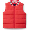 The Varsity Striped Collar Zip Front Puffer Vest, Bright Red - Vests - 1 - thumbnail