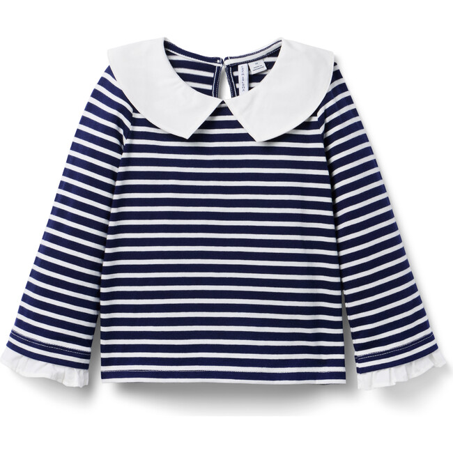 Striped Collared Ruffle Cuff Long Bell Sleeve Top, Merchant Marine