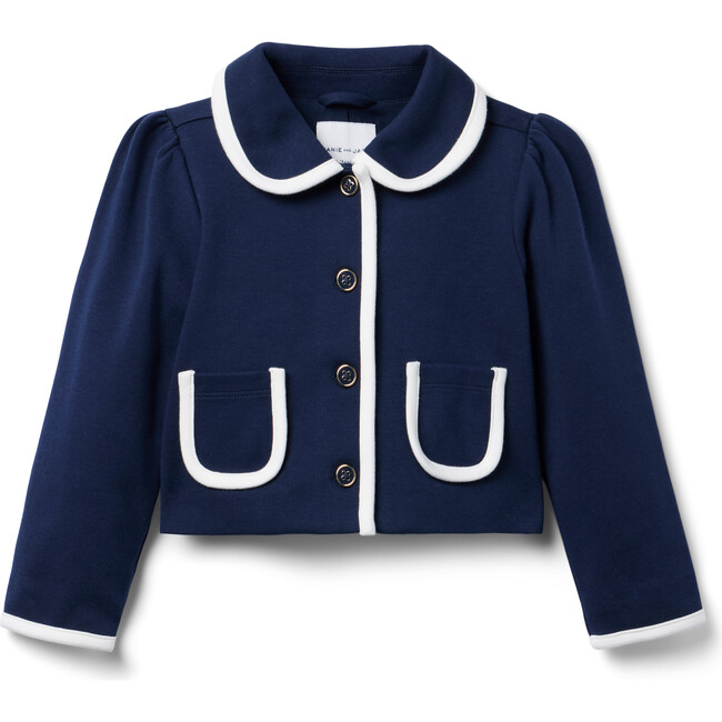 The Collared Ponte Puff Sleeve Button Crop Jacket, Merchant Marine