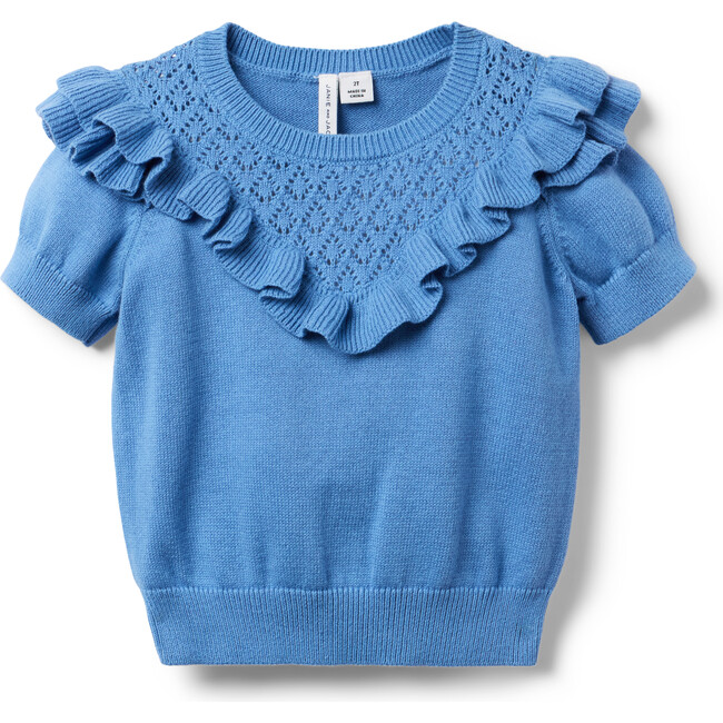 Short Puff Sleeve Ruffle Crop Sweater Top, Blue Best