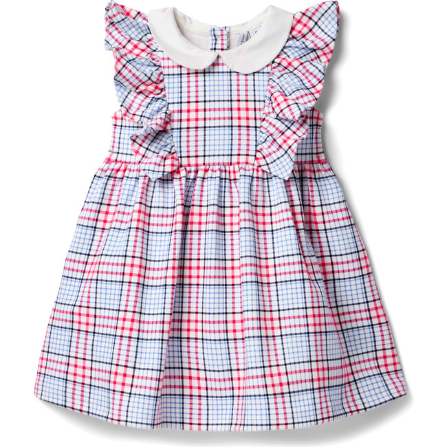 Plaid Ruffle Short Sleeve Peter Pan Collar Ponte Dress, Jet Ivory