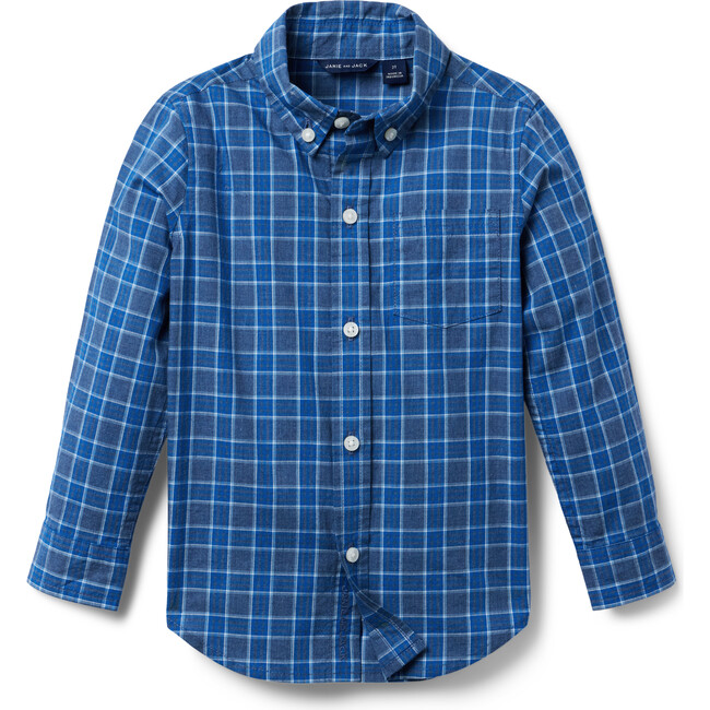 Plaid Poplin Long Sleeve Button Front Shirt, Deep Blue