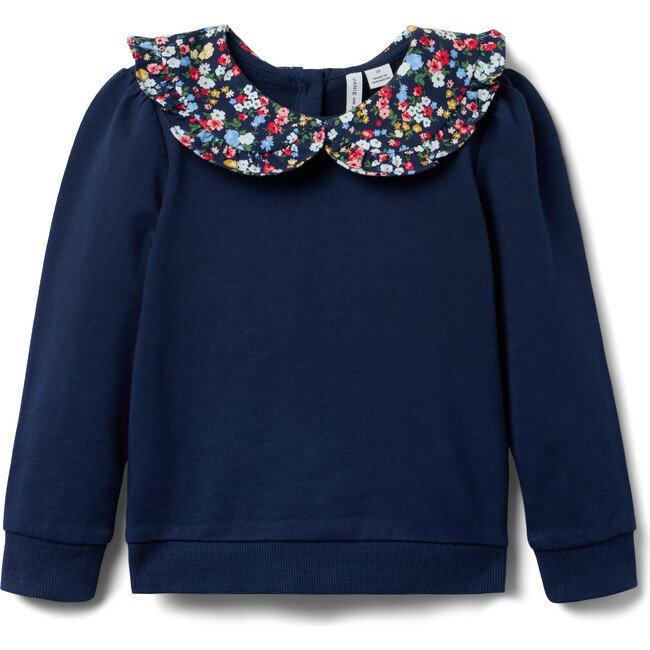 Ditsy Floral Collared Long Puff Sleeve Sweatshirt, Merchant Marine