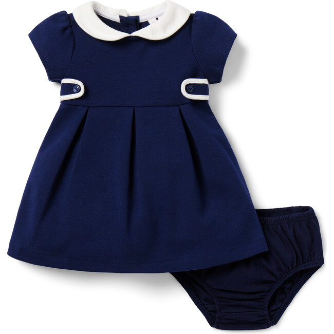 Baby Pleated Short Sleeve Collared Ponte Dress & Bloomer, Merchant Marine