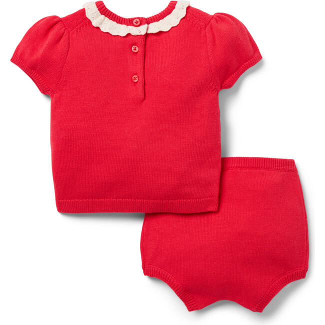 Baby Embroidered Short Sleeve Matching Sweater & Short Set, Bright Red