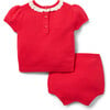 Baby Embroidered Short Sleeve Matching Sweater & Short Set, Bright Red - Sweaters - 1 - thumbnail