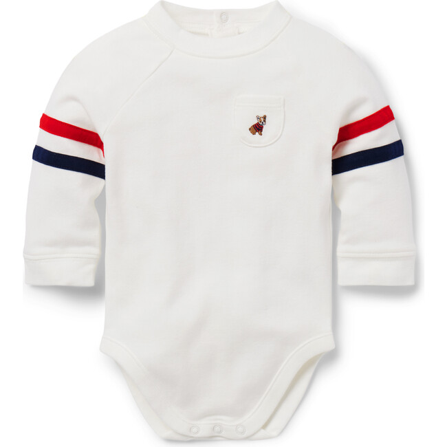 Baby French Bulldog Embroidered Raglan Sleeve Snap Bodysuit, Jet Ivory