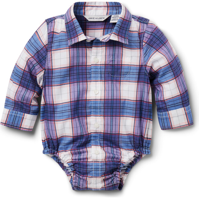 Baby Madras Plaid Long Sleeve Button Snap Bodysuit, Merchant Marine