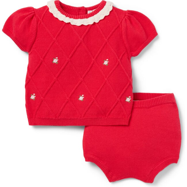 Baby Embroidered Short Sleeve Matching Sweater & Short Set, Bright Red - Sweaters - 2