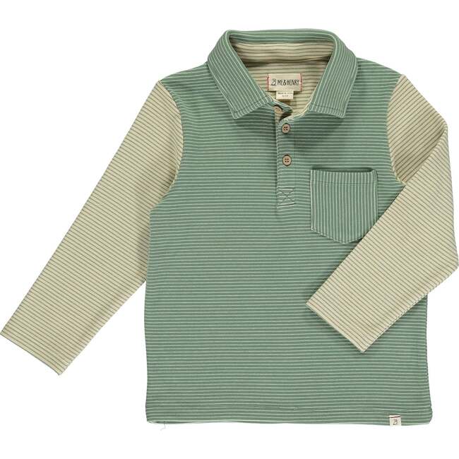 Midway Striped Contrast Long Sleeve Polo Shirt, Green & Sage Arms