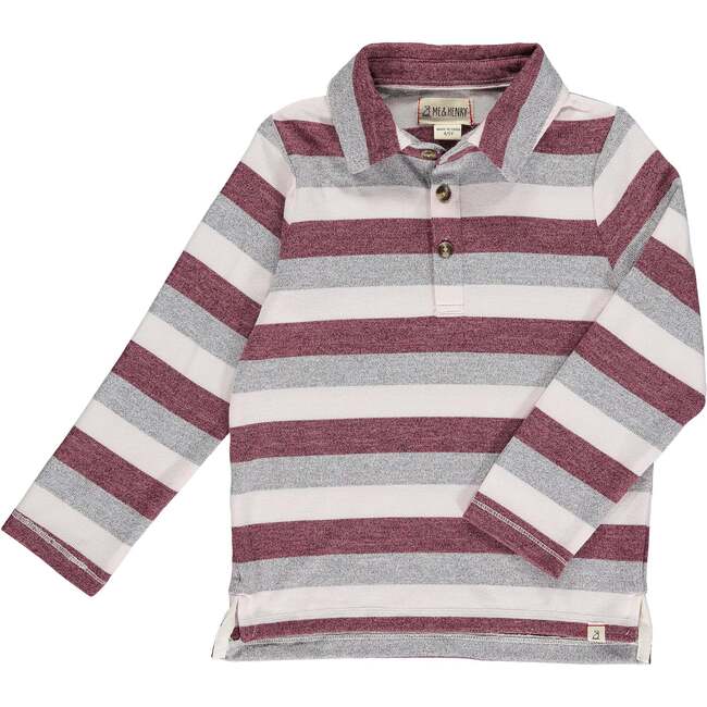 Harry Knitted Striped Long Sleeve Polo Shirt, Wine, Grey & White