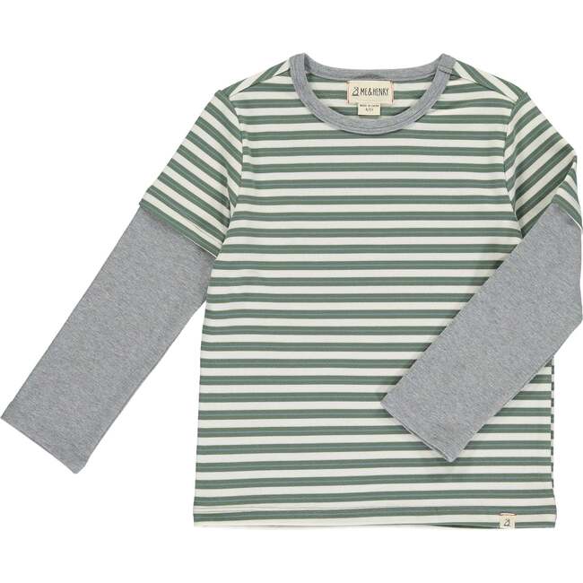 Cameron Striped Mock Double Sleeve Tee, Green & Blue & Cream