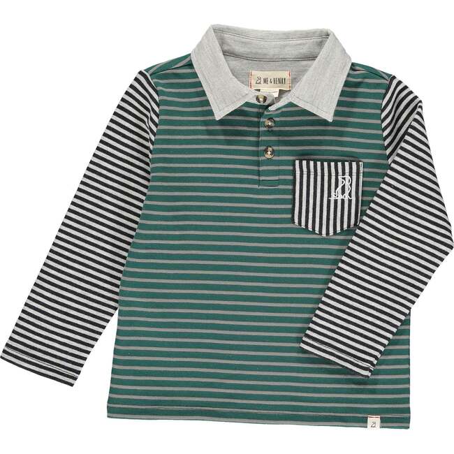 Trenton Striped Long Contrast Sleeve Rugby Tee, Green & Grey