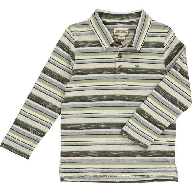 Midway Striped Long Sleeve Polo Shirt, Sage & Cream & Brown