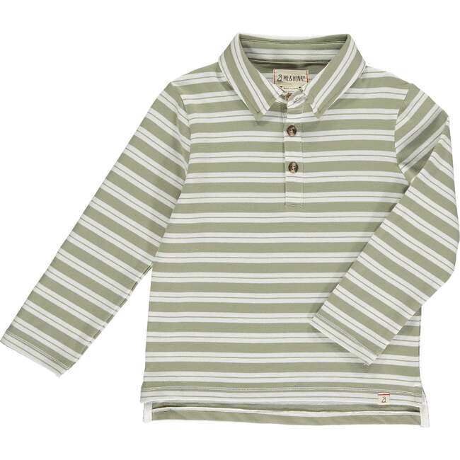 Midway Striped Long Sleeve Polo Shirt, Sage & White