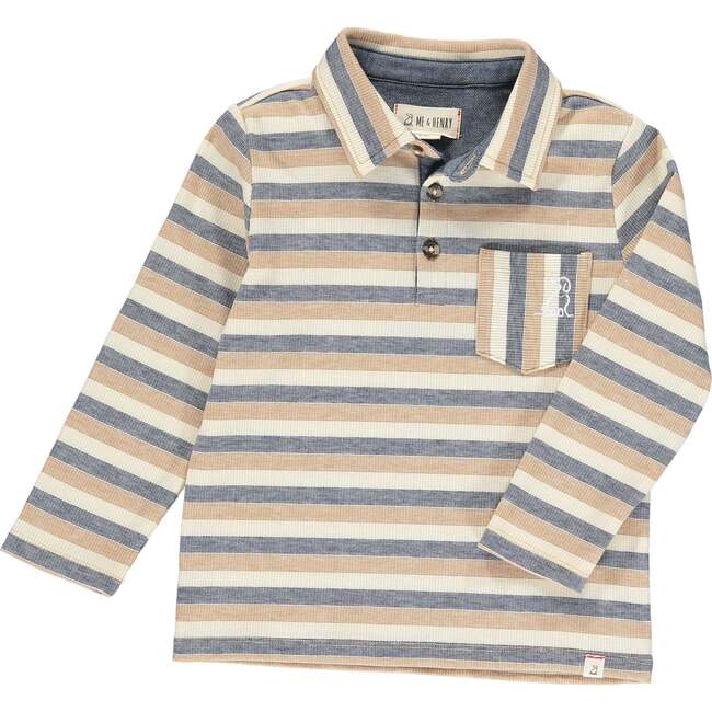 Rockwood Ribbed Striped Long Sleeve Polo Shirt, Beige & Navy