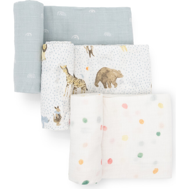 Multi-Purpose Hand-Painted Muslin Swaddle Set 47X47, Party Animals (Pack Of 3)